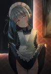  1girl alternate_costume apron bangs black_dress black_ribbon blush brown_eyes closed_mouth collared_dress comah commentary_request curtains dress dress_lift enmaided eyebrows_visible_through_hair glaring grey_hair hair_ribbon half-closed_eyes head_tilt highres indoors kantai_collection kasumi_(kantai_collection) lifted_by_self long_hair long_sleeves maid maid_apron maid_headdress painting_(object) picture_frame ribbon side_ponytail sidelocks solo standing thighhighs white_apron white_legwear 