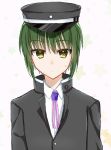  1boy absurdres angel_beats! bangs black_headwear black_jacket closed_mouth expressionless eyebrows_visible_through_hair eyes_visible_through_hair green_hair hair_between_eyes hat headgear highres jacket key_(company) long_sleeves looking_at_viewer naoi_ayato open_eyes popped_collar ribbon school_uniform shirt short_hair simple_background solo sweatdrop white_background white_shirt yellow_eyes zuzuhashi 