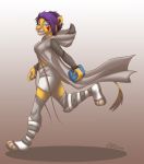  2019 anthro blue_eyes cheek_tuft clothing conditional_dnp felid female fur gradient_background hair holding_object lion looking_at_viewer mammal multicolored_fur no_pupils on_one_leg pantherine purple_hair running short_hair side_view simple_background smile solo standing tail_tuft tuft two_tone_fur vilani vilani_(character) 