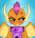  &lt;3 aer0_zer0 angry blue_eyes blush book dragon embarrassed fangs female friendship_is_magic frown hair my_little_pony orange_skin purple_hair simple_background smolder_(mlp) solo wings 