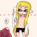  1boy 1girl bike_shorts blonde_hair breasts brown_eyes domino_mask groin hair_censor hair_over_breasts hand_up holding holding_towel inkling legs_apart long_hair mask miyashiro mohawk navel no_nose octoling open_mouth pointy_ears red_hair short_hair small_breasts speech_bubble splatoon splatoon_(series) splatoon_2 suction_cups tentacle_hair topless towel triangle_mouth 