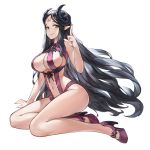  bare_legs bare_shoulders black_hair breasts demon demon_girl demon_horns eyebrows facial_mark forehead_mark green_eyes high_heels horns king&#039;s_raid large_breasts long_hair looking_at_viewer navel official_art pointing pointy_ears purple_footwear purple_sweater red_pupils revealing_clothes revealing_swimsuit shamilla_(king&#039;s_raid) shiny shiny_hair sitting smile sweater transparent_background very_long_hair wavy_hair 