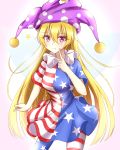  1girl american_flag_dress american_flag_legwear bangs blonde_hair blue_dress blue_legwear blush breasts clenched_hand clownpiece commentary_request cowboy_shot dress eyebrows_visible_through_hair fairy_wings finger_to_cheek gradient gradient_background hair_between_eyes hand_up hat highres index_finger_raised jester_cap long_hair looking_at_viewer medium_breasts musteflott419 neck_ruff pantyhose pink_background pink_eyes polka_dot polka_dot_hat purple_headwear red_dress red_legwear short_dress short_sleeves smile solo standing star star_print striped striped_dress striped_legwear thighs touhou very_long_hair white_background white_dress white_legwear wings 