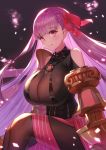  1girl bangs belt belt_collar black_legwear blunt_bangs breasts closed_mouth collar commentary_request dolce_(dolsuke) eyebrows_visible_through_hair fate/grand_order fate_(series) hair_ribbon highres huge_breasts long_hair looking_at_viewer pantyhose passion_lip purple_eyes purple_hair red_ribbon ribbon sitting smile solo 