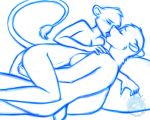  anthro blue_theme breasts duo felid feline female female/female fingering french_kissing kissing lying mammal monochrome nateday nude on_side sketch ursid 