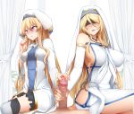  1boy 2girls armlet artist_name bangs bare_shoulders black_skirt blindfold blonde_hair blue_eyes blush breasts bridal_gauntlets curtains detached_sleeves dress erect_nipples erection eyebrows_visible_through_hair ffm_threesome ginhaha goblin_slayer! group_sex habit hair_between_eyes handjob hat hetero highres jewelry large_breasts long_hair long_sleeves looking_at_viewer looking_away multiple_girls multiple_handjob necklace no_bra no_panties nose_blush open_mouth paid_reward parted_lips patreon_reward penis pleated_skirt pov priestess_(goblin_slayer!) ring sideboob sitting skirt sword_maiden thighhighs threesome uncensored very_long_hair white_dress white_headwear wide_sleeves 