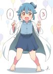  1girl :d absurdres balloon bangs barefoot birthday blue_hair blue_shirt blue_skirt blush_stickers collared_shirt commentary_request full_body highres index_finger_raised labcoat long_sleeves looking_at_viewer open_mouth personification ponytail shirt sidelocks signature skirt smile solo spoken_number standing tsukigi twitter twitter-san twitter-san_(character) yellow_eyes 