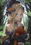  1girl abigail_williams_(fate/grand_order) artist_name bangs bare_shoulders black_bow black_choker black_dress black_headwear blonde_hair blue_eyes blue_sky blush bow choker cloud commentary_request day dress fate/grand_order fate_(series) forest hair_bow hat long_hair long_sleeves looking_at_viewer nature object_hug off-shoulder_dress off_shoulder orange_bow outdoors parted_bangs polka_dot polka_dot_bow ribbon_choker signature sky sleeves_past_wrists smile solo stuffed_animal stuffed_toy teddy_bear tyone very_long_hair 