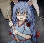  1girl animal_ears arrow arrow_in_body blood blood_stain blue_dress blue_hair bunny_ears commentary_request dress dripping ear_clip holding_mallet injury kine long_hair looking_at_viewer looking_up low-tied_long_hair neko_mata open_mouth red_eyes scared seiran_(touhou) shaded_face short_sleeves solo tears touhou wide-eyed 
