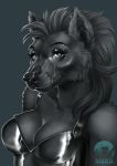  black_fur black_hair breasts espii_(character) female fur grey_eyes hair hi_res hyaenid mammal piercing ravica solo 