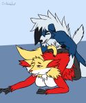  2019 anthro big_breasts breasts butt canid canine delphox duo female fluffy fur inner_ear_fluff lycanroc male male/female mammal markings midnight_lycanroc nintendo nude open_mouth pok&eacute;mon pok&eacute;mon_(species) sex simple_background sirdoomwolf tongue video_games white_fur 