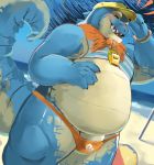  beach belly blush clothed clothing clothing_lift crocodile crocodilian fupa hi_res lifeguard makara male nukochi overweight overweight_male reptile scalie seaside shirt shirt_lift slightly_chubby speedo swimsuit tokyo_afterschool_summoners video_games visor_cap whistle 