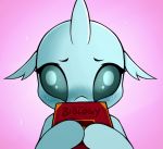  aer0_zer0 blue_eyes blue_sclera blue_skin blush book changeling embarrassed female feral friendship_is_magic horn looking_at_viewer my_little_pony ocellus_(mlp) shy simple_background solo text 
