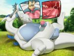  2019 animal_genitalia animal_penis anthro balls canine_penis cum cum_on_tongue cutaway duo hi_res justmegabenewell larger_male legendary_pok&eacute;mon lucario lugia lying male male/male masturbation nintendo open_mouth oral outside penile_masturbation penis pok&eacute;mon pok&eacute;mon_(species) size_difference smaller_male spread_legs spreading teeth tongue uncut video_games 