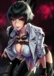  1girl black_gloves black_hair breasts chaps cian_yo cleavage devil_may_cry devil_may_cry_5 fingerless_gloves gloves goggles goggles_around_neck green_eyes heterochromia jacket kalina_ann_(weapon) lady_(devil_may_cry) leaning_forward looking_at_viewer over_shoulder parted_lips red_eyes rocket_launcher scar short_hair short_shorts shorts smile solo strap sweat weapon weapon_over_shoulder white_jacket 