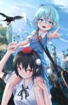  2girls :d arm_up bag bangs black_hair black_neckwear black_ribbon blue_bow blue_eyes blue_hair blue_skirt blue_sky blue_vest blush bow breasts carrying cirno cloud commentary_request crown day eyebrows_visible_through_hair feet_out_of_frame hair_between_eyes hair_bow hand_holding hand_up hat highres ice ice_wings looking_at_viewer medium_breasts multiple_girls neck_ribbon open_mouth outdoors piggyback pointing pointing_at_viewer pointy_ears pom_pom_(clothes) puffy_short_sleeves puffy_sleeves red_eyes red_neckwear red_ribbon ribbon roke_(taikodon) satchel shameimaru_aya shirt short_hair short_sleeves skirt skirt_set sky smile sweat tassel thighs tokin_hat touhou upper_body vest white_shirt wings 