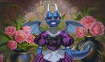  anthro clothed clothing dragon female flower horn kuroame plant red_eyes smile solo standing wings 