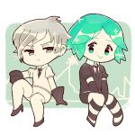  2others :&gt; androgynous antarcticite chibi chiyoko_(oman1229) crystal_hair elbow_gloves frown gem_uniform_(houseki_no_kuni) gloves green_eyes green_hair grey_eyes grey_hair houseki_no_kuni looking_at_viewer multiple_others necktie phosphophyllite short_hair silver_eyes silver_hair sitting smile 