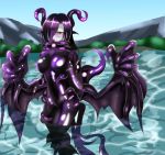  1girl atuba black_hair blush bodysuit breasts claws covered_mouth cthulhu_mythos demon_girl hair_over_one_eye highres horns lake large_breasts monster_girl monster_girl_encyclopedia mountain multicolored_hair night_gaunt_(monster_girl_encyclopedia) pale_skin purple_bodysuit purple_eyes solo succubus tail taut_clothes tentacle wings 