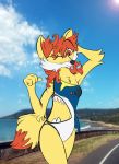  beach blep clothing female fennekin mursa nintendo pok&eacute;mon pok&eacute;mon_(species) seaside sharpedo solo swimsuit tongue tongue_out video_games 