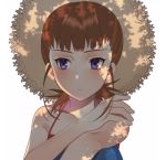  1girl bangs bare_arms bare_shoulders blush brown_hair camisole closed_mouth collarbone digimon digimon_tamers hano_ka hat highres makino_ruki ponytail purple_eyes shadow solo spaghetti_strap straw_hat sun_hat 