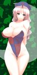  adapted_costume areolae bad_id bad_pixiv_id braid breasts casual_one-piece_swimsuit green_eyes hat highleg highleg_swimsuit huge_breasts long_hair one-piece_swimsuit silver_hair solo swimsuit touhou tro white_hair yagokoro_eirin 