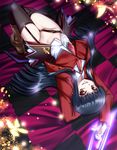  aogiri_penta black_hair bottomless bug butterfly fingernails grin groin highres insect long_fingernails long_hair looking_at_viewer lucifer lying necktie pink_neckwear red_eyes shoes single_shoe slit_pupils smile solo stakes_of_purgatory thighhighs umineko_no_naku_koro_ni upside-down 