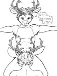  2019 anthro antlers armpit_hair cervid cervine duo english_text fellatio fur hair horn line_art looking_at_partner lying male male/male mammal monochrome nipples nude on_back oral sex smile spread_arms sweat sweatdrop text thought_bubble triadfox 