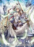  1girl armor breastplate cape commentary_request company_connection copyright_name dress elbow_gloves feathered_wings feathers fire_emblem fire_emblem:_souen_no_kiseki fire_emblem_cipher gloves green_eyes green_hair headpiece holding holding_weapon horns long_hair looking_at_viewer nagahama_megumi nintendo official_art open_mouth pegasus pegasus_knight polearm short_dress short_sleeves shoulder_armor sigrun spear weapon white_gloves wings 