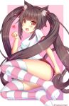  1girl animal_ears breasts brown_eyes brown_hair buruma cat_ears cat_tail chocola_(sayori) hair_ribbon highres kaptivate long_hair nekopara open_mouth panties paw_pose pink_background pink_panties red_eyes red_ribbon ribbon simple_background sitting slit_pupils small_breasts solo striped striped_legwear tail thighhighs twintails twitter_username underwear very_long_hair white_background 