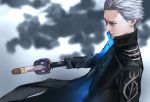  1boy 55level coat devil_may_cry fingerless_gloves gloves grey_eyes grey_hair highres holding holding_sword holding_weapon looking_at_viewer male_focus short_hair solo sword vergil weapon yamato_(sword) 
