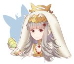  1girl animal_ears artist_name bunny_ears cleavage_cutout closed_mouth easter_egg egg fake_animal_ears fire_emblem fire_emblem_heroes flower grey_hair hair_flower hair_ornament highres holding long_hair nintendo red_eyes simple_background snowsakura_art solo upper_body veronica_(fire_emblem) white_background 