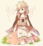  1girl blonde_hair bow braid brown_eyes cape closed_mouth clover dress effie_(fire_emblem) fire_emblem fire_emblem_echoes:_mou_hitori_no_eiyuuou flower guttary hair_bow long_hair looking_to_the_side nintendo sitting smile solo twin_braids 