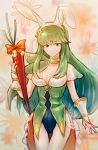  1girl animal_ears breasts bunny_ears carrot choker closed_mouth fake_animal_ears feh_xeri fire_emblem fire_emblem:_monshou_no_nazo fire_emblem_heroes flower green_eyes green_hair hair_flower hair_ornament highres holding leotard long_hair medium_breasts nintendo paola smile solo white_legwear 