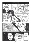  1boy 1girl 4koma apartment ass black_hair blush breasts clothed_male_nude_female come_hither comic earth english_text glasses large_breasts long_hair meteor monochrome moon naked_sheet no_nipples nude original peach_(momozen) spiked_hair they_had_lots_of_sex_afterwards towel towel_around_neck wrist_cutting 