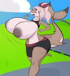  5_fingers 5_toes anthro barefoot big_breasts braces breasts clothing cloud eyewear feet female fish freckles glasses grass hair huge_breasts hyper hyper_breasts jogging marilla_(megustalikey) marine pink_hair shark shmeepo shorts sky street sweat thick_thighs toes wardrobe_malfunction 