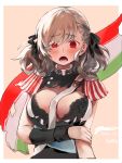  1girl absurdres alternate_costume artist_name blush braid breasts character_name cleavage commentary curly_hair epaulettes eyebrows eyebrows_visible_through_hair girls_frontline hair_between_eyes highres italian_flag large_breasts looking_at_viewer open_mouth red_eyes sash silver_hair snowru solo spas-12_(girls_frontline) 