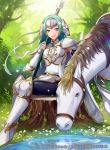  1girl animal arm_guards armor armored_boots boots breastplate cape character_request closed_mouth commentary_request company_connection copyright_name day fingerless_gloves fingernails fire_emblem fire_emblem:_souen_no_kiseki fire_emblem_cipher flower forest gloves green_eyes green_hair headpiece holding horse light_particles lips long_hair matsurika_youko nature nintendo official_art outdoors pantyhose polearm reflection shoulder_armor sigrun sitting smile solo spear tree water weapon 