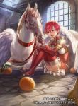  1girl armor boots breastplate company_name copyright_name dress elbow_gloves est fire_emblem fire_emblem:_monshou_no_nazo fire_emblem_cipher fire_emblem_echoes:_mou_hitori_no_eiyuuou food fruit gloves headband horse indoors miniskirt nintendo official_art open_mouth orange pegasus pegasus_knight pink_eyes pink_hair short_hair shoulder_armor sitting skirt smile solo thigh_boots thighhighs uroko_(mnr) white_skirt window wings zettai_ryouiki 