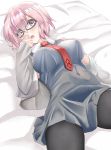  1girl absurdres black_legwear blush breasts commentary_request erect_nipples eyebrows_visible_through_hair eyes_visible_through_hair fate/grand_order fate_(series) glasses grey_jacket hair_between_eyes hair_over_one_eye highres jacket large_breasts long_sleeves looking_at_viewer lying mash_kyrielight necktie on_back on_bed pantyhose purple_eyes purple_hair red_neckwear short_hair sleeves_past_wrists solo toratora_(nanahaba) 
