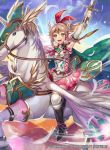  1girl arm_up armor bangs belt blonde_hair blue_sky boots braid breastplate cape cloud commentary_request company_connection copyright_name day dress elbow_gloves emma_(fire_emblem) feathers fire_emblem fire_emblem_cipher gloves headpiece holding holding_sword holding_weapon horn knee_boots long_hair looking_at_viewer matsurika_youko nintendo official_art open_mouth outdoors pegasus pegasus_knight short_dress shoulder_armor sky smile solo sword thighhighs weapon white_legwear yellow_eyes 
