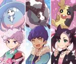  1girl 2boys :d ahoge asymmetrical_bangs bangs bede_(pokemon) black_hair black_shirt blue_jacket bright_pupils collared_shirt curly_hair dark-skinned_male dark_skin dubwool earrings eyelashes fingersmile fur-trimmed_jacket fur_trim green_eyes hair_ribbon hands_up haru_(haruxxe) hatterene holding holding_poke_ball hop_(pokemon) jacket jewelry marnie_(pokemon) morpeko morpeko_(full) multiple_boys open_clothes open_jacket open_mouth poke_ball poke_ball_(basic) pokemon pokemon_(creature) pokemon_(game) pokemon_swsh purple_hair red_ribbon ribbon shirt short_hair short_sleeves smile split_mouth tongue white_pupils yellow_eyes 