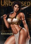  1girl 2019 armlet assassin&#039;s_creed:_odyssey assassin&#039;s_creed_(series) bandeau bare_shoulders black_hair braid breasts brown_eyes character_name cleavage cleavage_cutout collarbone commentary contrapposto cover dandon_fuga english_commentary erect_nipples eyeshadow fake_cover greek_text hair_over_shoulder highres holding holding_weapon kassandra_of_sparta lips long_braid looking_at_viewer magazine_cover makeup march medium_breasts medium_hair navel nose o-ring pelvic_curtain pinup realistic scar single_braid solo standing stomach sword thick_eyebrows thighs toned weapon 