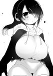  1girl absurdres blush breasts cameltoe cool-kyou_shinja drawstring emperor_penguin_(kemono_friends) eyebrows_behind_hair greyscale hair_over_one_eye highres hood hood_down huge_breasts impossible_clothes kemono_friends long_hair looking_at_viewer monochrome penguin_girl pursed_lips sagging_breasts simple_background single_eye sketch_eyebrows solo white_background 