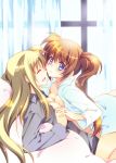  2girls bed blonde_hair blue_eyes blush breasts brown_hair cleavage couple eye_contact eyebrows_visible_through_hair eyes_closed face-to-face fate_testarossa hand_holding happy interlocked_fingers long_hair long_sleeves looking_at_another lying lyrical_nanoha mahou_shoujo_lyrical_nanoha mahou_shoujo_lyrical_nanoha_strikers multiple_girls open_clothes open_shirt parted_lips shirt side_ponytail smile takamachi_nanoha tama_two_(fukuya) white_shirt window yuri 