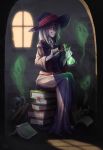  1girl absurdres belt book book_stack collar commentary dark_room english_commentary full_body glowing hair_over_one_eye hat highres holding holding_mushroom huge_filesize lavender_hair light_rays little_witch_academia long_hair looking_at_viewer luna_nova_school_uniform mushroom open_book plugby poison potion raised_eyebrow red_belt red_eyes school_uniform shaded_face sharp_teeth signature sitting skull smile solo sucy_manbavaran sunlight teeth watermark white_collar wide_sleeves window witch witch_hat 