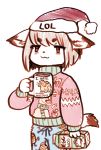  4_fingers anthro brown_hair canid canine christmas cup eggnog english_text female fox hair half-closed_eyes hat hi_res holidays kemono mammal santa_hat simple_background smile smug solo text unknown_artist white_background 
