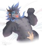  4_ears abs anthro bed belly_rub blue_fur charr eyes_closed fangs felid fur grey_fur guild_wars hair happy hi_res horn kneading long_hair lying male mammal multi_ear muscular muscular_male nude on_back on_bed pecs ralefov simple_background smile solo spots tongue tongue_out video_games 