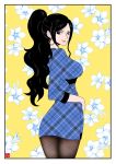  ass black_hair blue_eyes breasts curvy dress earrings female floral_background high_ponytail hoop_earring jewelry long_hair looking_back nico_robin one_piece pantyhose piercing ponytail short_dress smile solo thighs tied_hair 