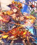  asano_shiki blush breasts brown_hair closed_mouth cloud copyright_name flower gun hair_flower hair_ornament hat holding holding_weapon japanese_clothes long_hair long_sleeves looking_at_viewer official_art original pink_eyes pirate pirate_hat rope sengoku_saga sky weapon 